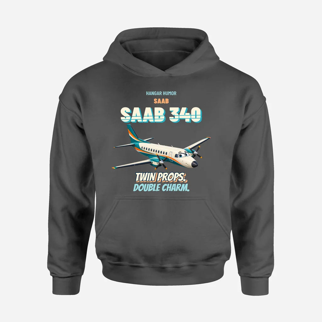 Saab 340B - Twin props. Double charm. design on dark gray hoodie single side
