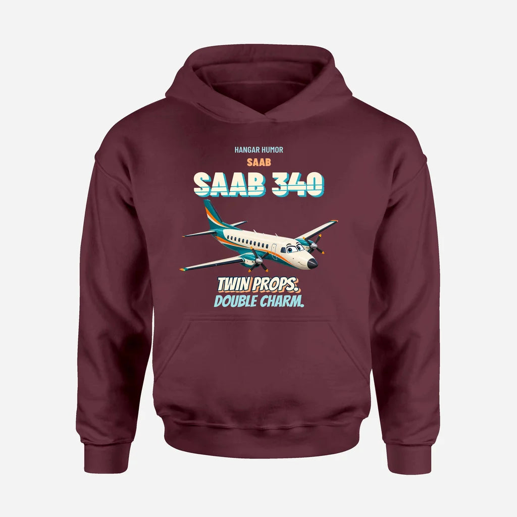 Saab 340B - Twin props. Double charm. design on dark red hoodie single side