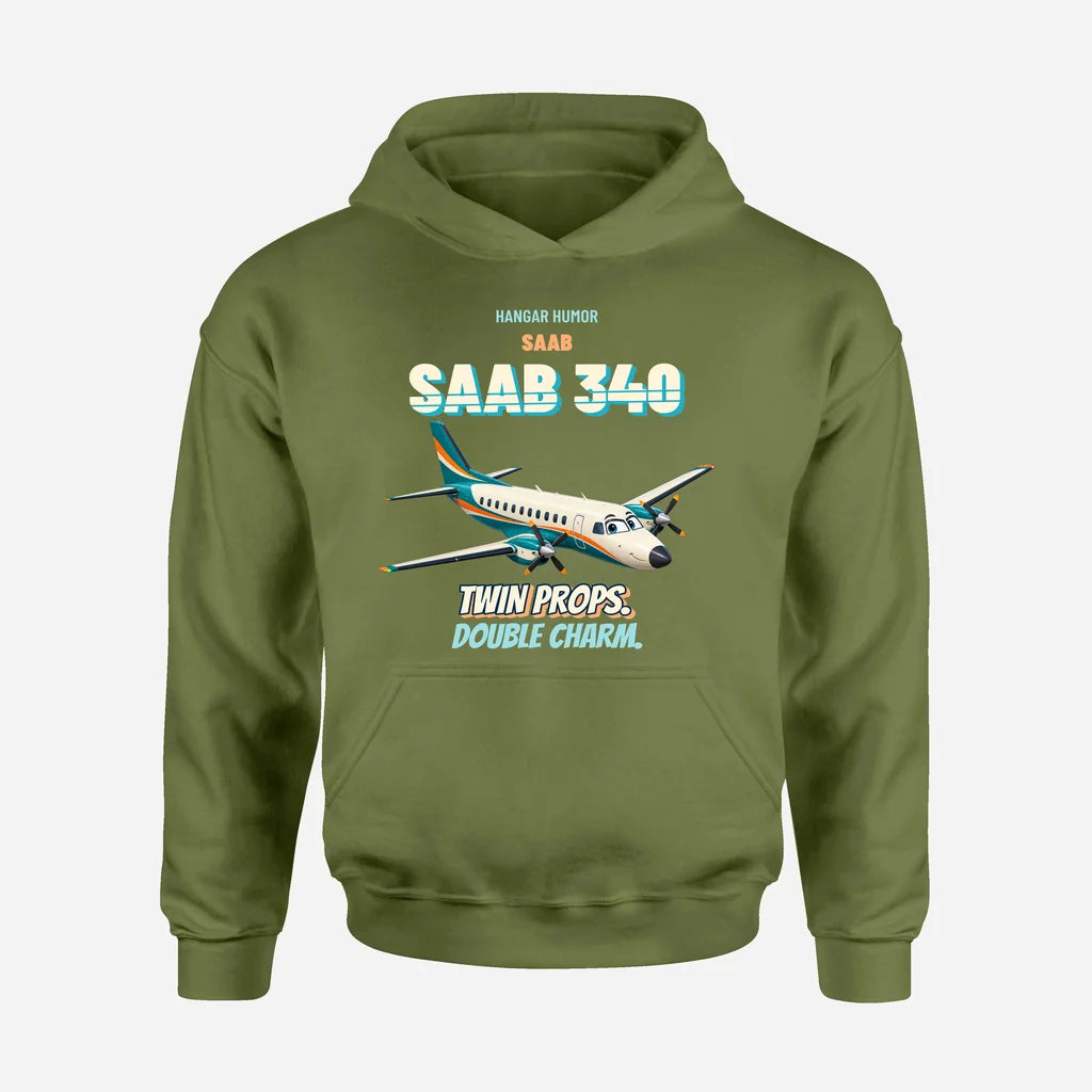 Saab 340B - Twin props. Double charm. design on green army hoodie single side