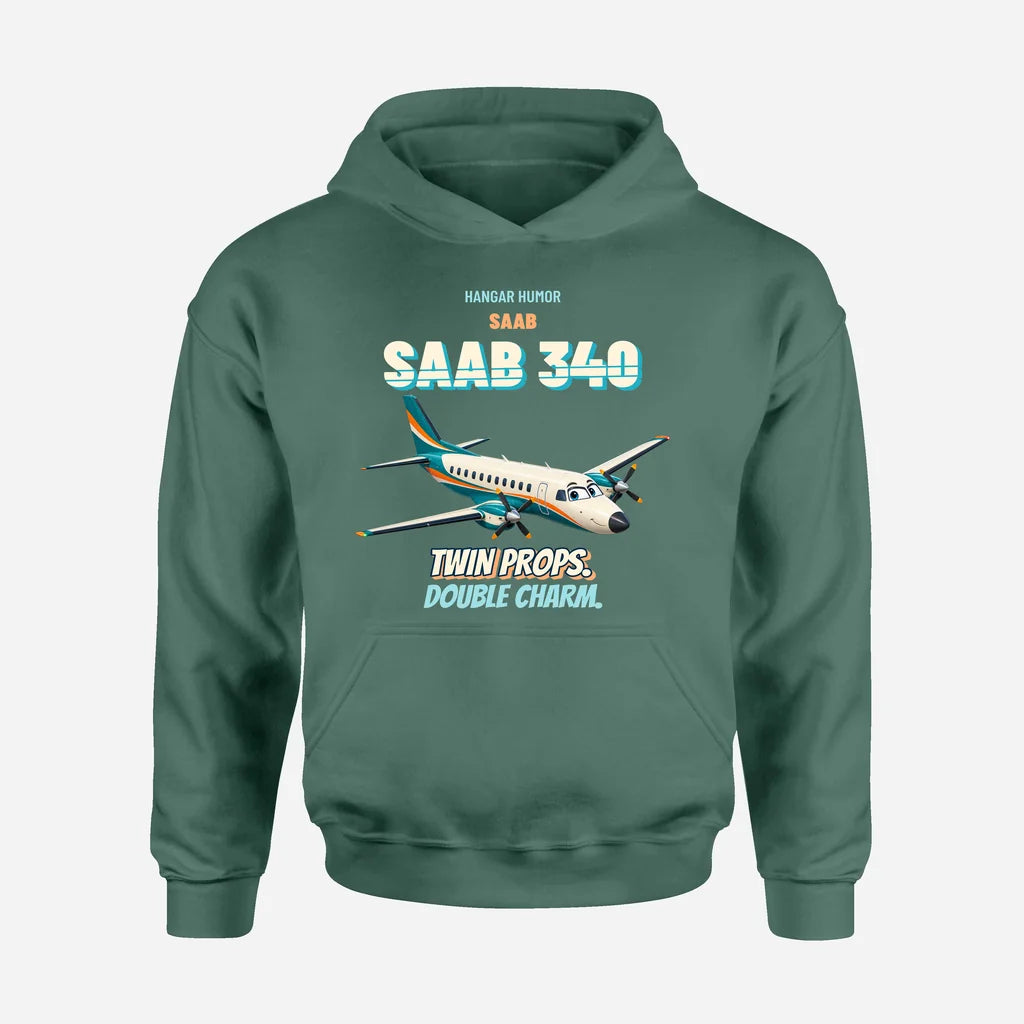 Saab 340B - Twin props. Double charm. design on green hoodie single side