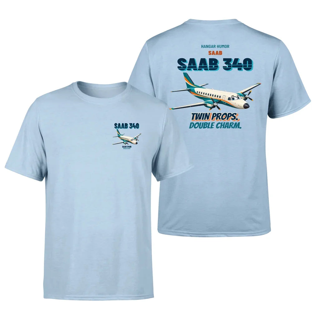 Saab 340B - Twin props. Double charm. - Double-Side T-Shirt design on lightblue double side t shirt