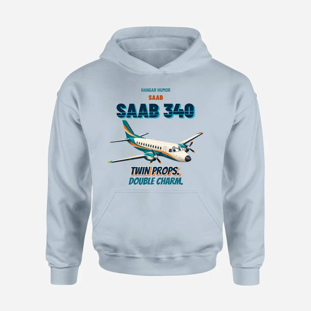 Saab 340B - Twin props. Double charm. design on light blue hoodie single side