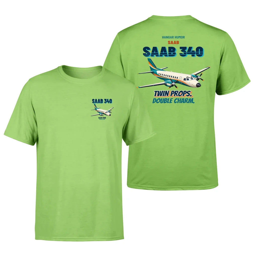Saab 340B - Twin props. Double charm. - Double-Side T-Shirt design on lightgreen double side t shirt