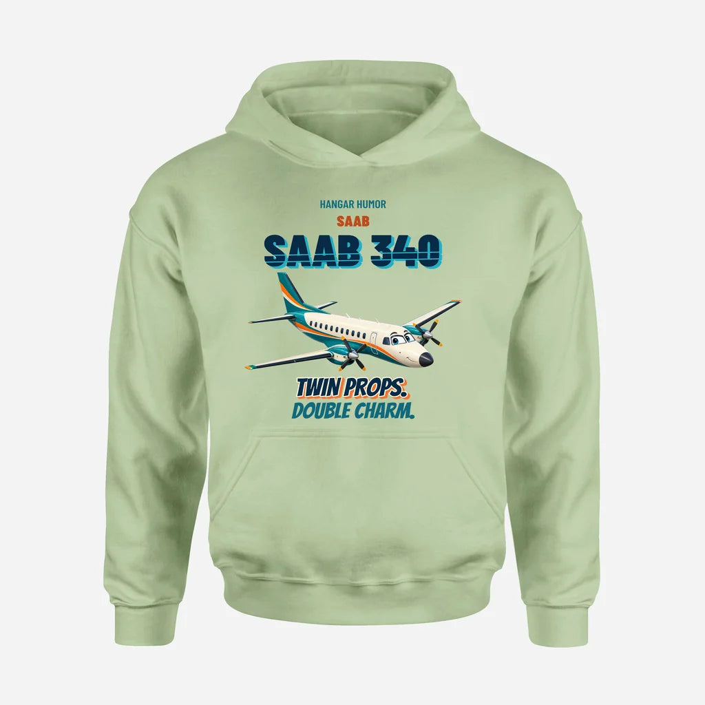 Saab 340B - Twin props. Double charm. design on light green hoodie single side