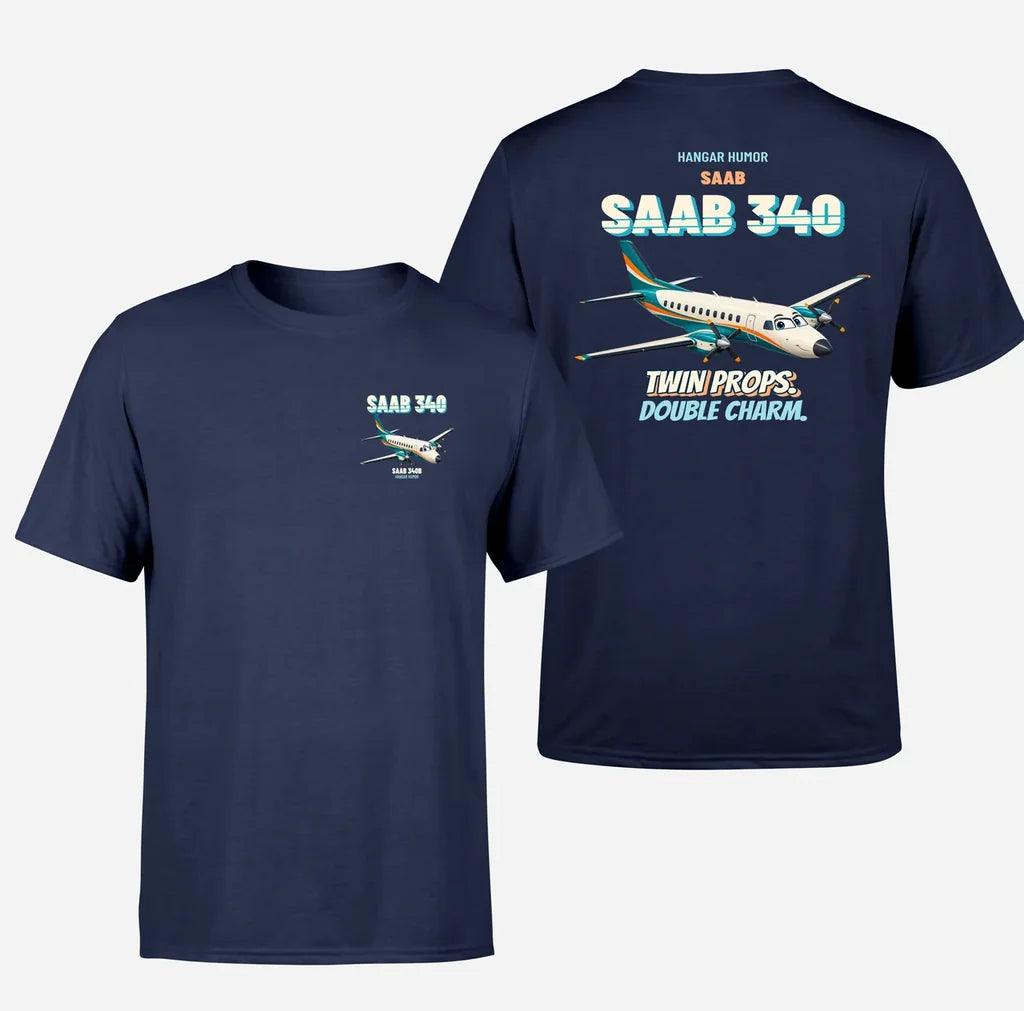 Saab 340B - Twin props. Double charm. - Double-Side T-Shirt design on navyblue double side t shirt