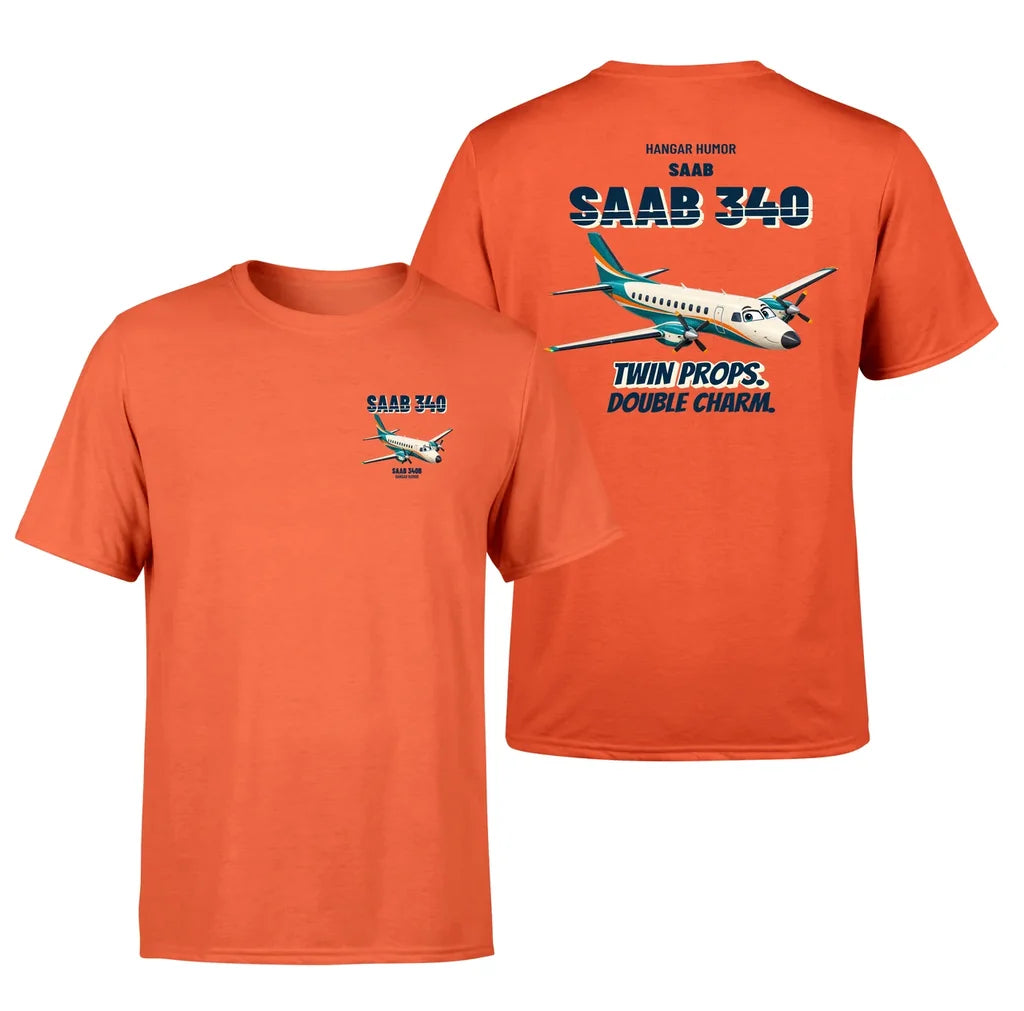 Saab 340B - Twin props. Double charm. - Double-Side T-Shirt design on orange double side t shirt
