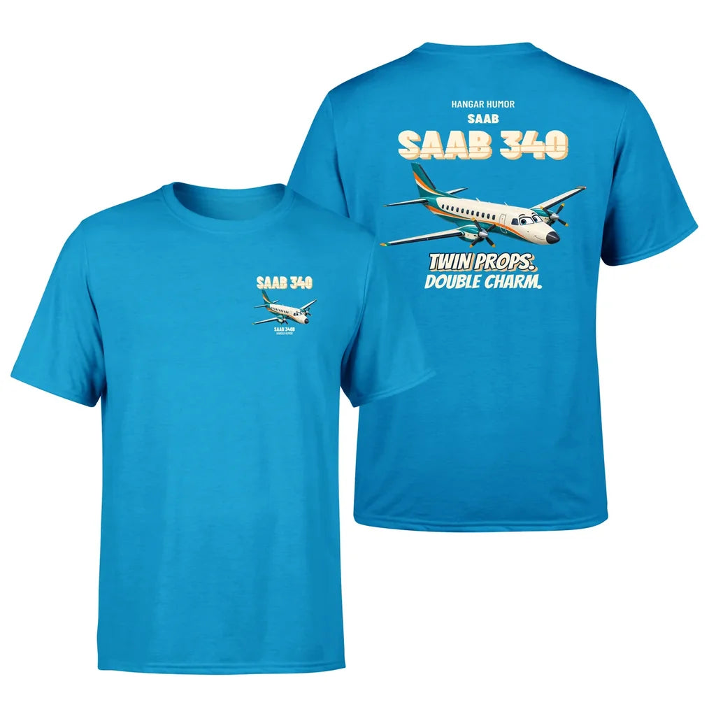 Saab 340B - Twin props. Double charm. - Double-Side T-Shirt design on turquoise double side t shirt