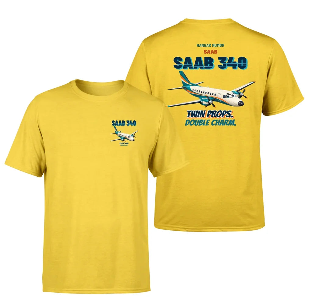 Saab 340B - Twin props. Double charm. - Double-Side T-Shirt design on yellow double side t shirt