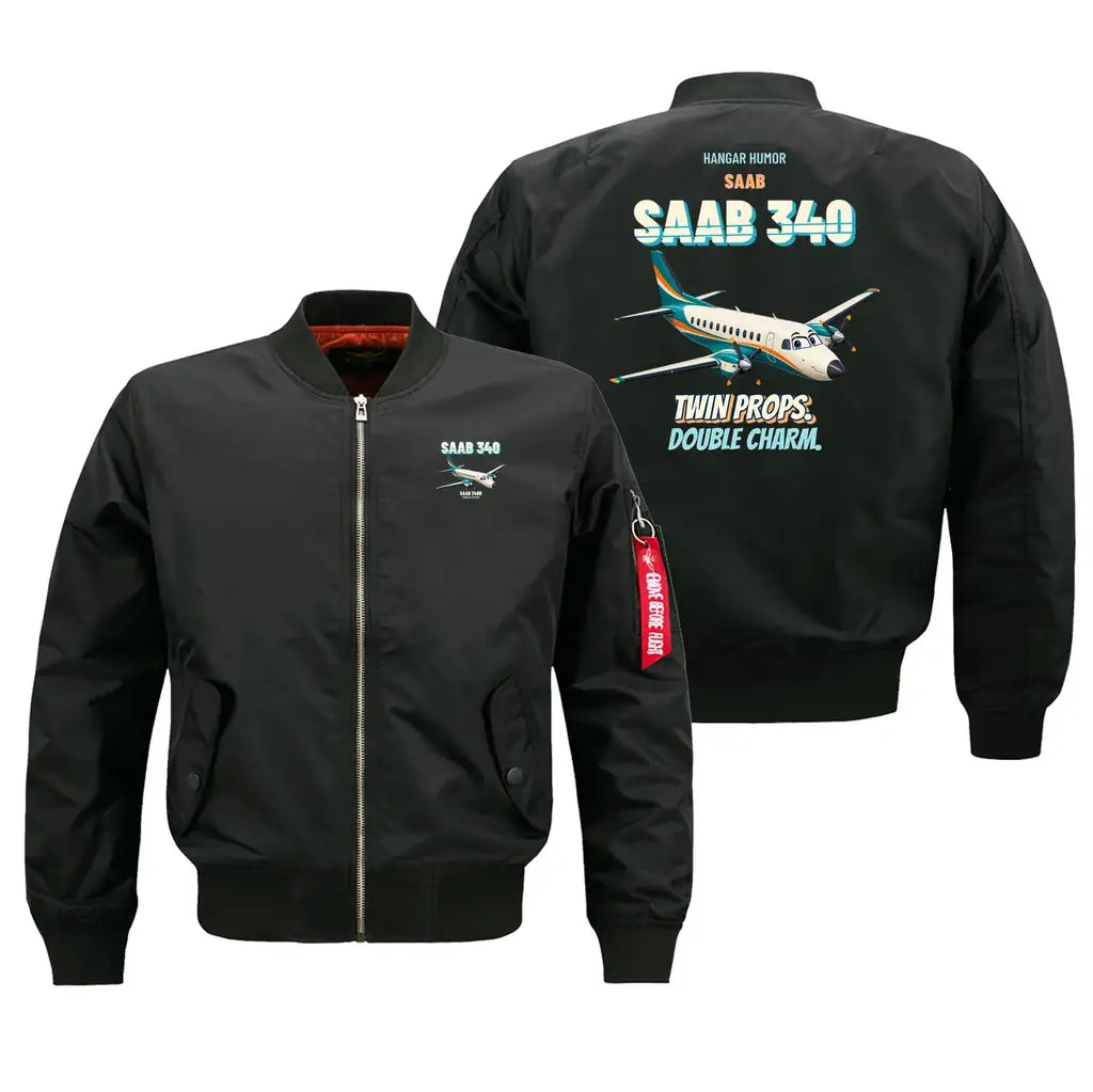 Saab 340B - Twin props. Double charm. design on black bomber jacket