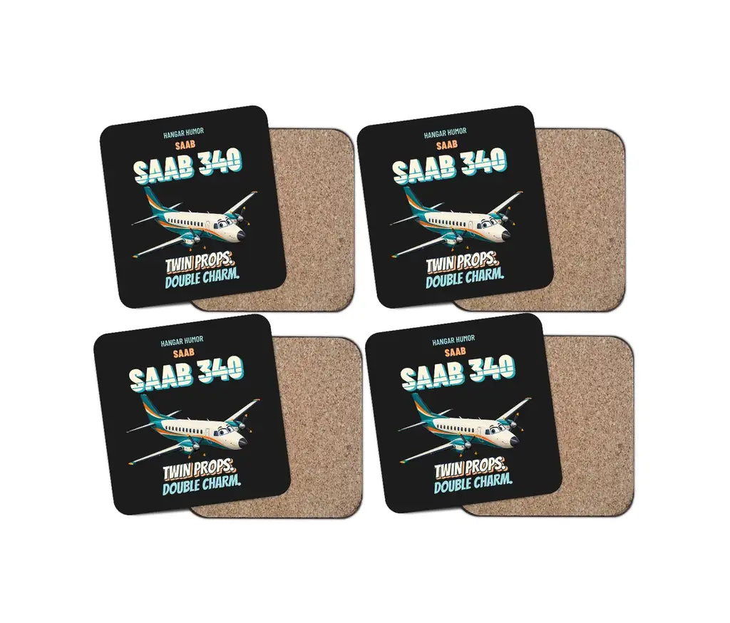 Saab 340B - Twin props. Double charm. design on black 4 pieces set coaster