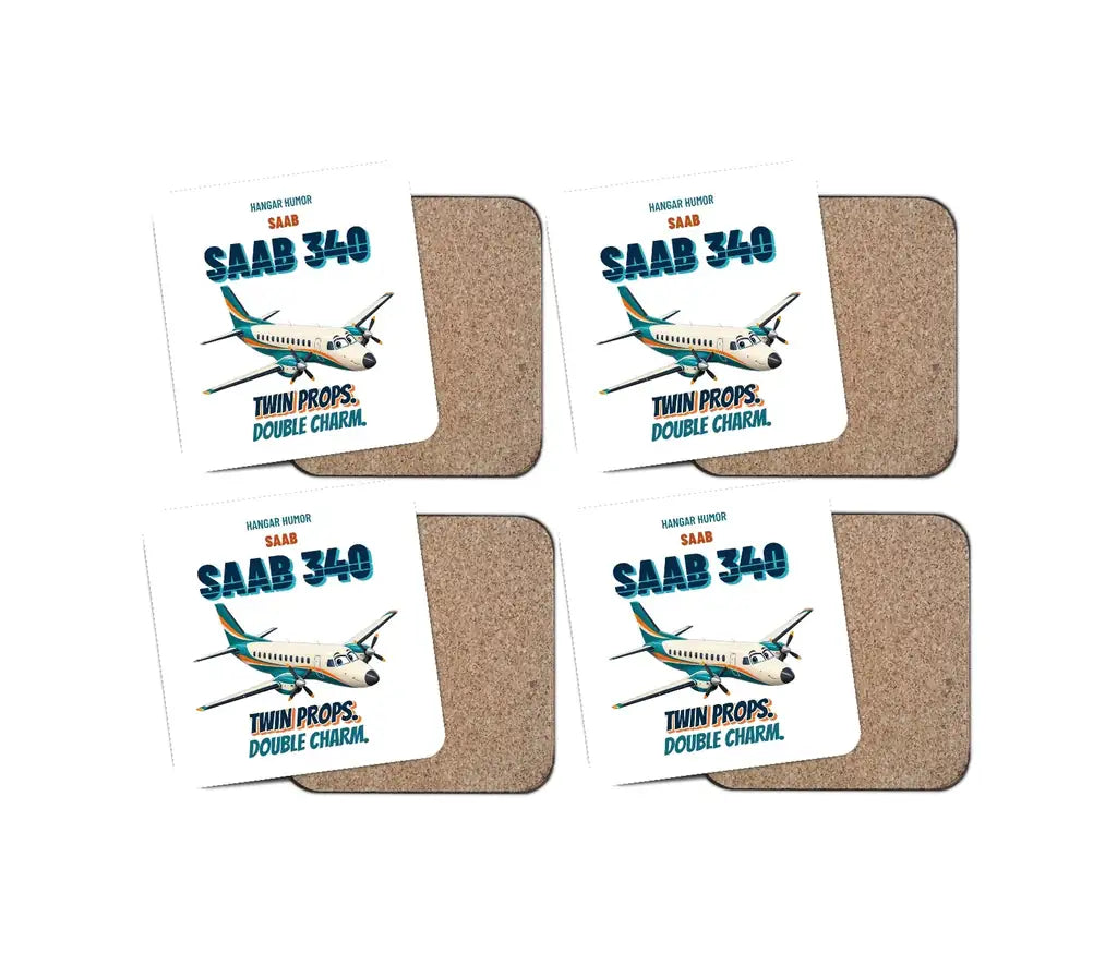 Saab 340B - Twin props. Double charm. design on white 4 pieces set coaster