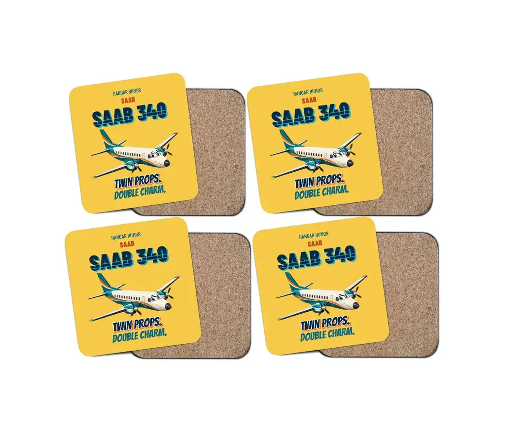 Saab 340B - Twin props. Double charm. design on yellow 4 pieces set coaster