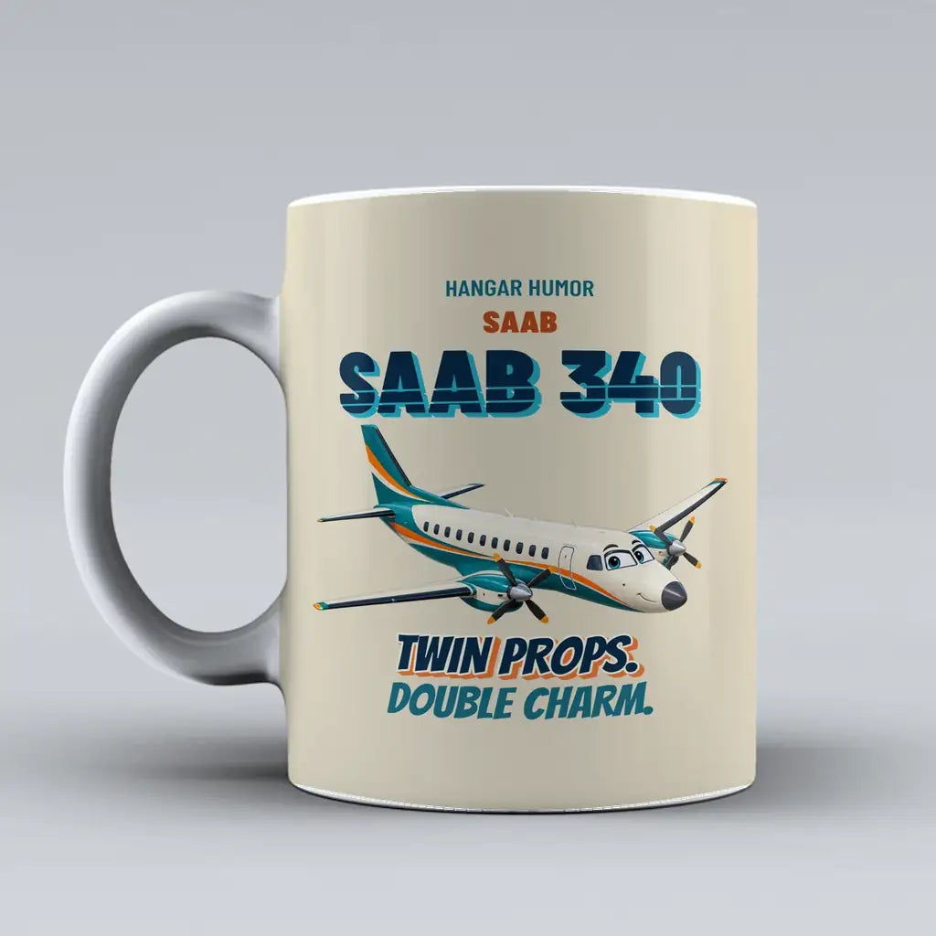 Saab 340B - Twin props. Double charm. design on beige ceramic mug