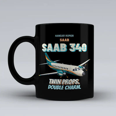Saab 340B - Twin props. Double charm. design on black ceramic mug