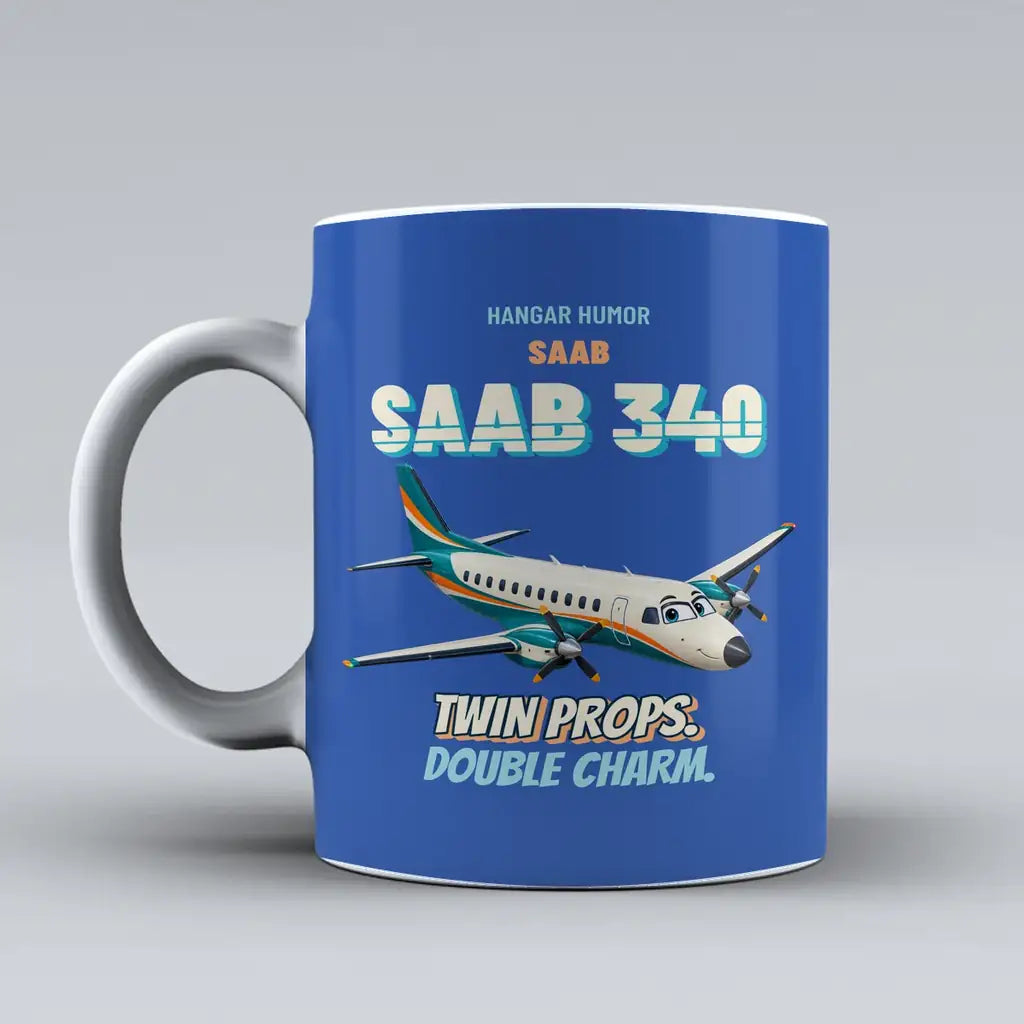 Saab 340B - Twin props. Double charm. design on blue ceramic mug