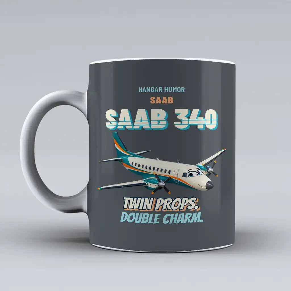 Saab 340B - Twin props. Double charm. design on gray ceramic mug