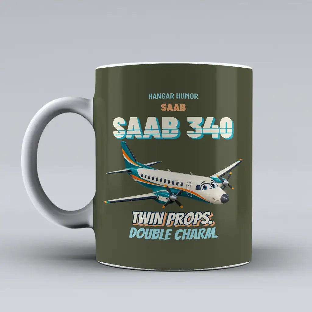 Saab 340B - Twin props. Double charm. design on green army ceramic mug
