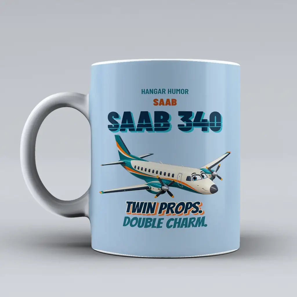 Saab 340B - Twin props. Double charm. design on light blue ceramic mug