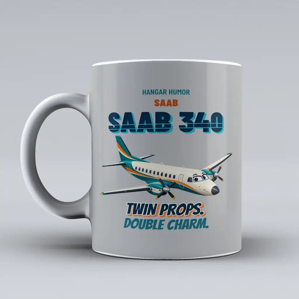 Saab 340B - Twin props. Double charm. design on light gray ceramic mug