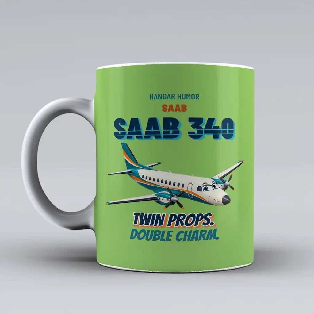 Saab 340B - Twin props. Double charm. design on light green ceramic mug