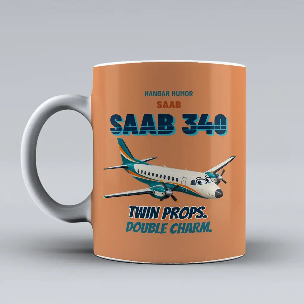 Saab 340B - Twin props. Double charm. design on orange ceramic mug