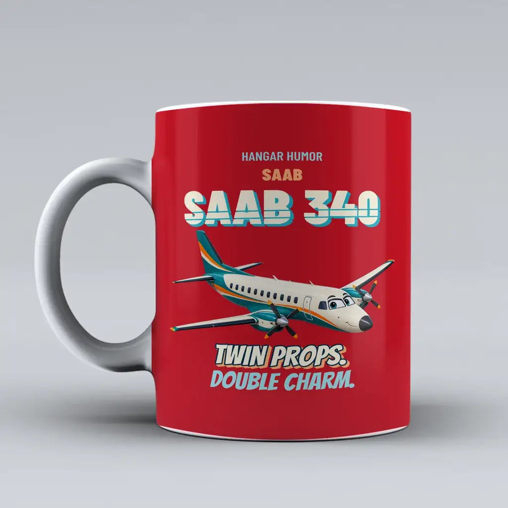 Saab 340B - Twin props. Double charm. design on red ceramic mug