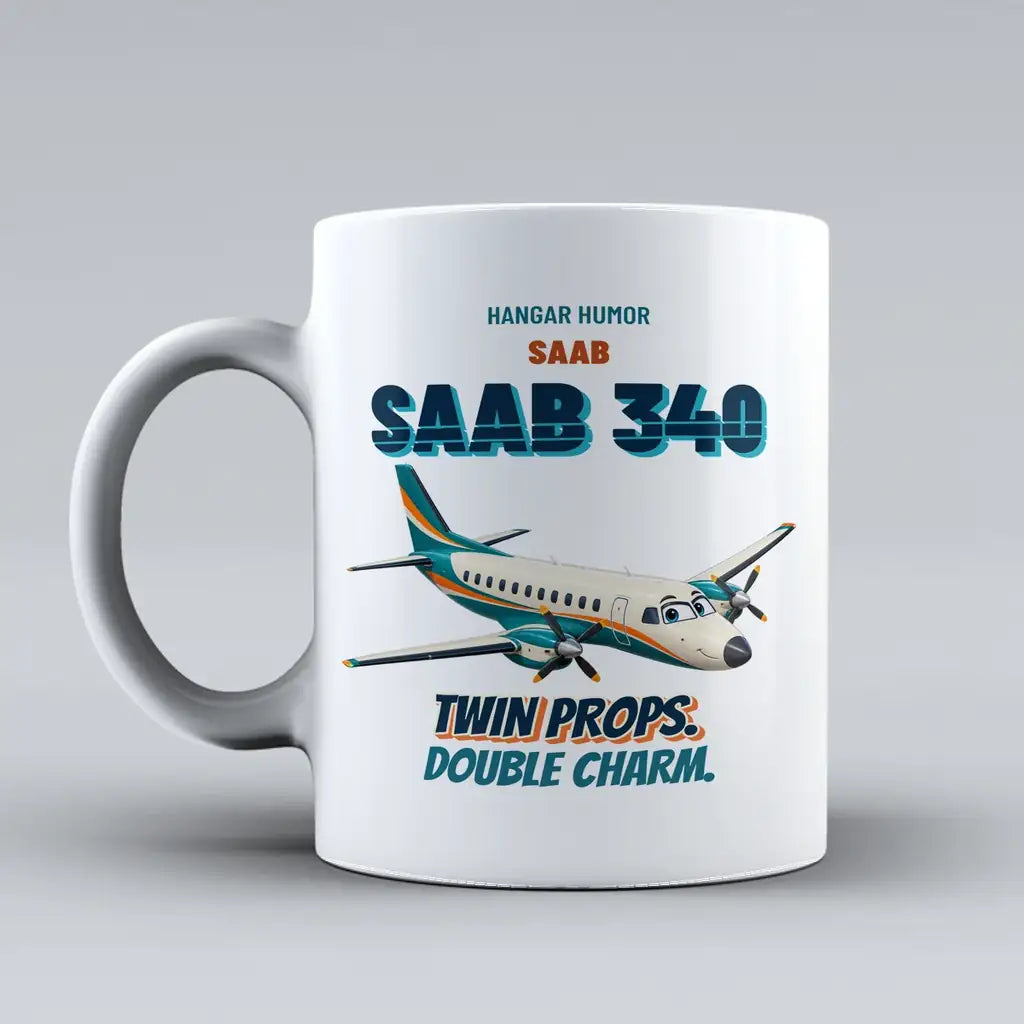 Saab 340B - Twin props. Double charm. design on white ceramic mug