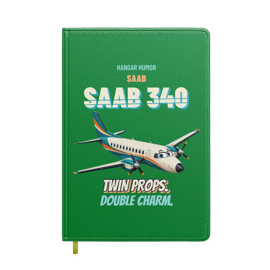 Saab 340B - Twin props. Double charm. design on green notebook