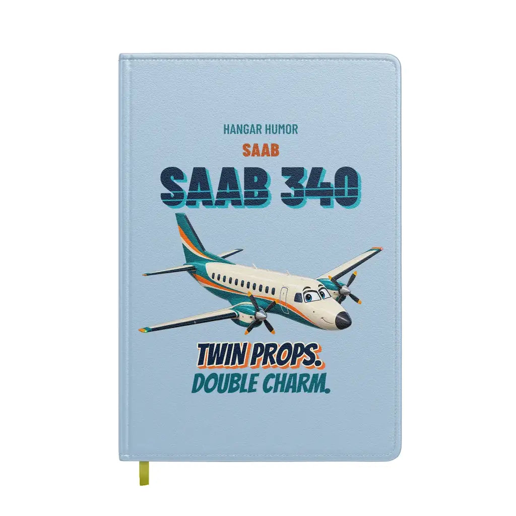 Saab 340B - Twin props. Double charm. design on light blue notebook
