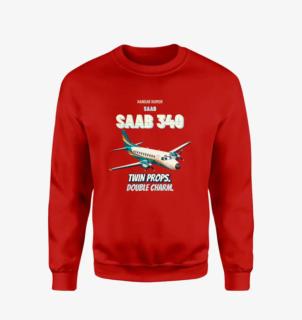 Saab 340B - Twin props. Double charm. design on red sweatshirt