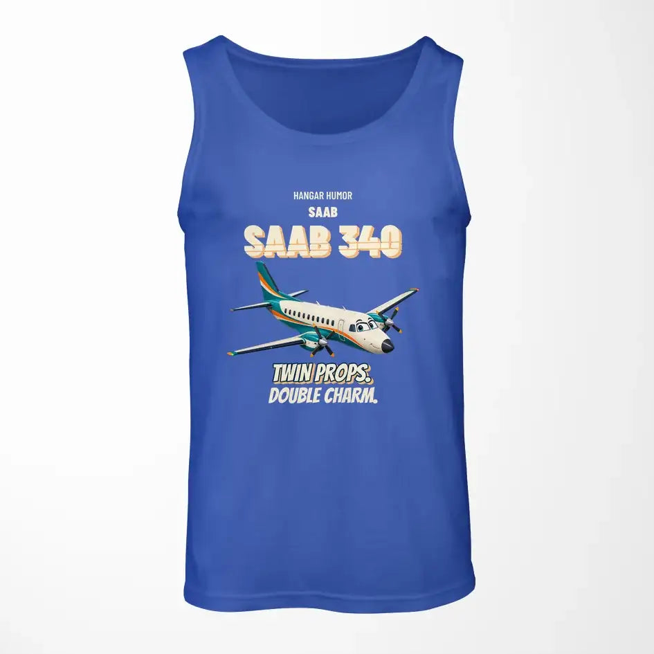 Saab 340B - Twin props. Double charm. design on blue tank top