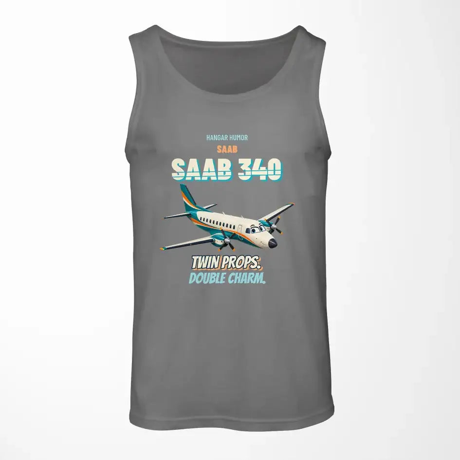 Saab 340B - Twin props. Double charm. design on gray tank top