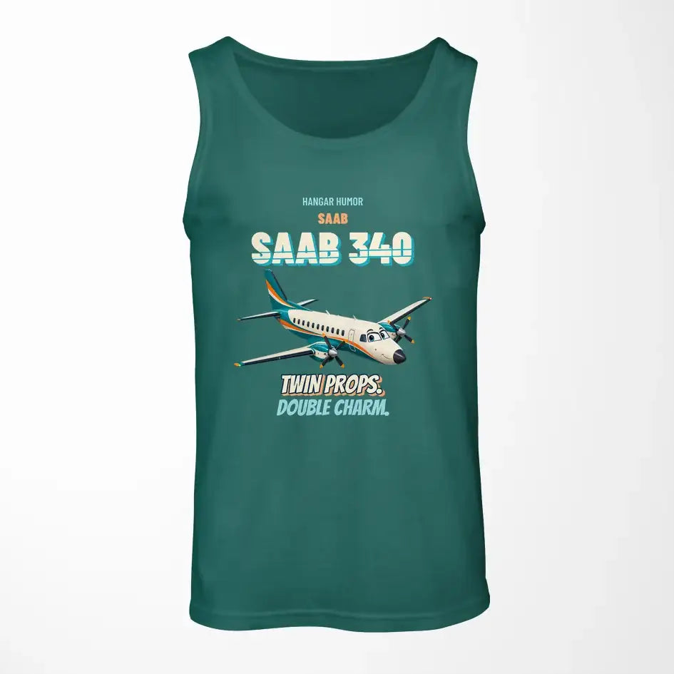Saab 340B - Twin props. Double charm. design on green tank top