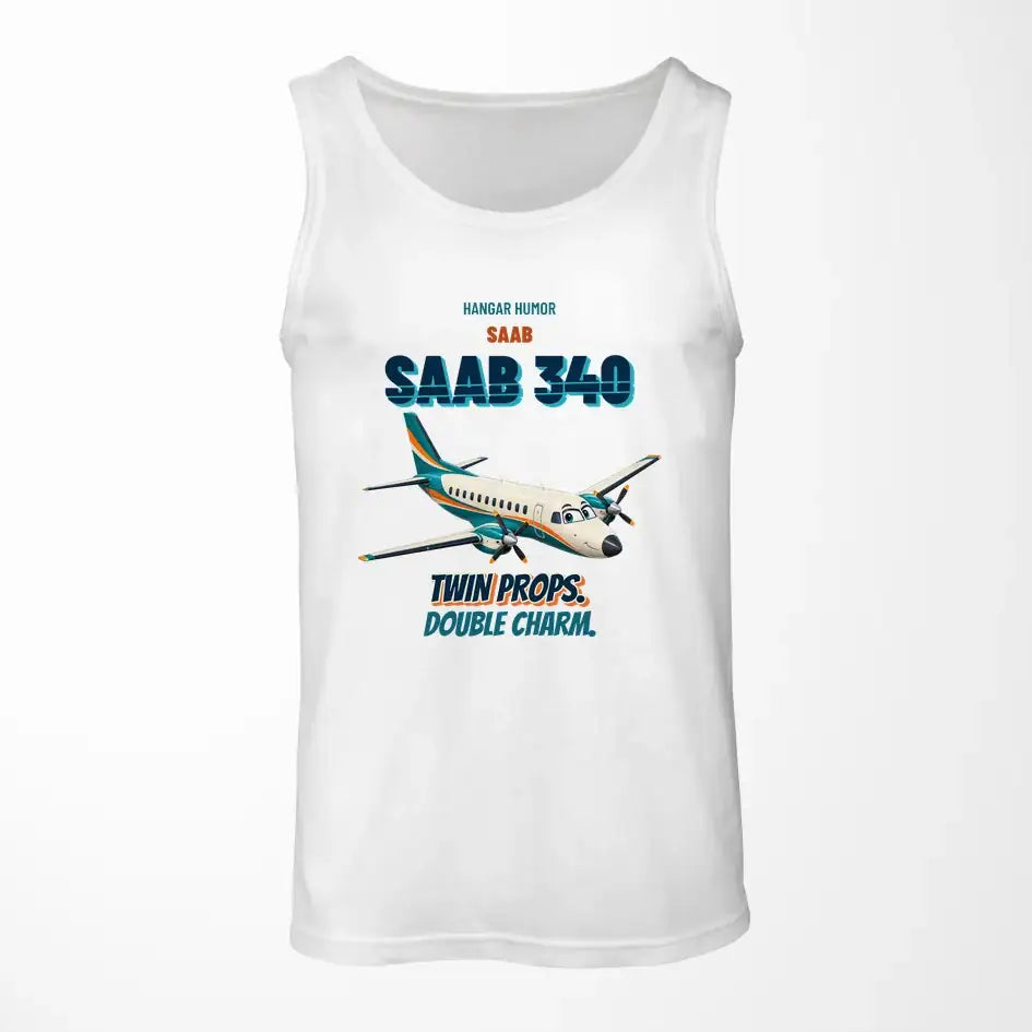 Saab 340B - Twin props. Double charm. design on white tank top