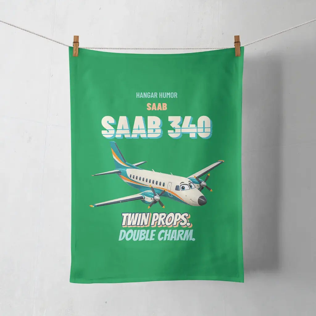 Saab 340B - Twin props. Double charm. design on green towel