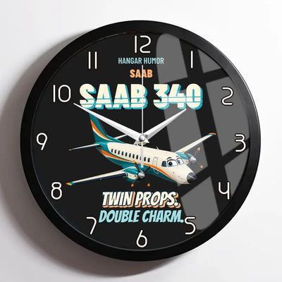 Saab 340B - Twin props. Double charm. design on black framed wall clock