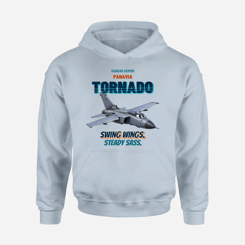 Panavia Tornado GR4 - Swing wings. Steady sass. design on light blue hoodie single side