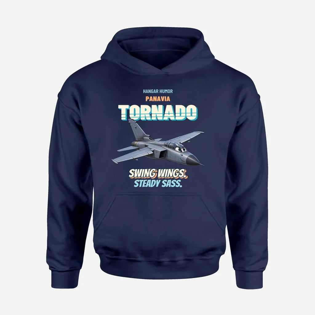 Panavia Tornado GR4 - Swing wings. Steady sass. design on navy blue hoodie single side