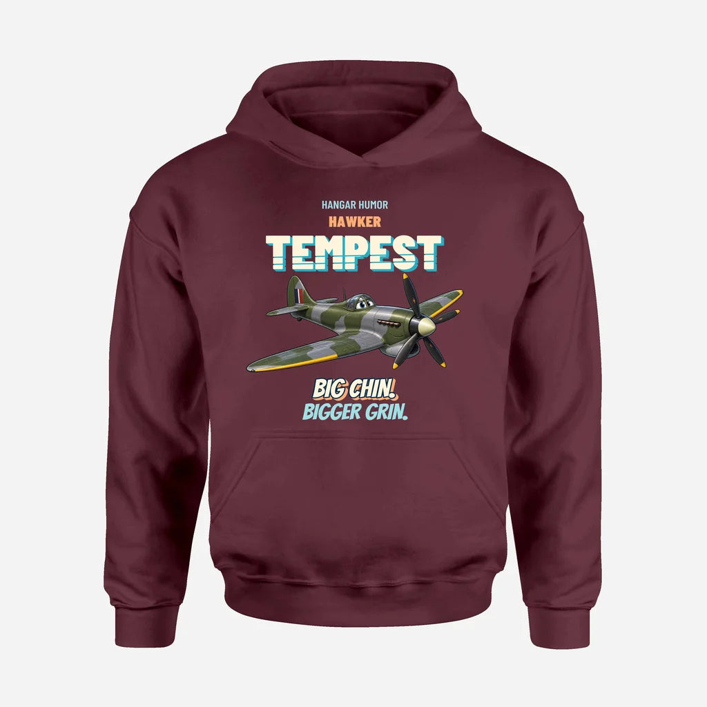 Hawker Tempest Mk V - Big chin. Bigger grin. design on dark red hoodie single side