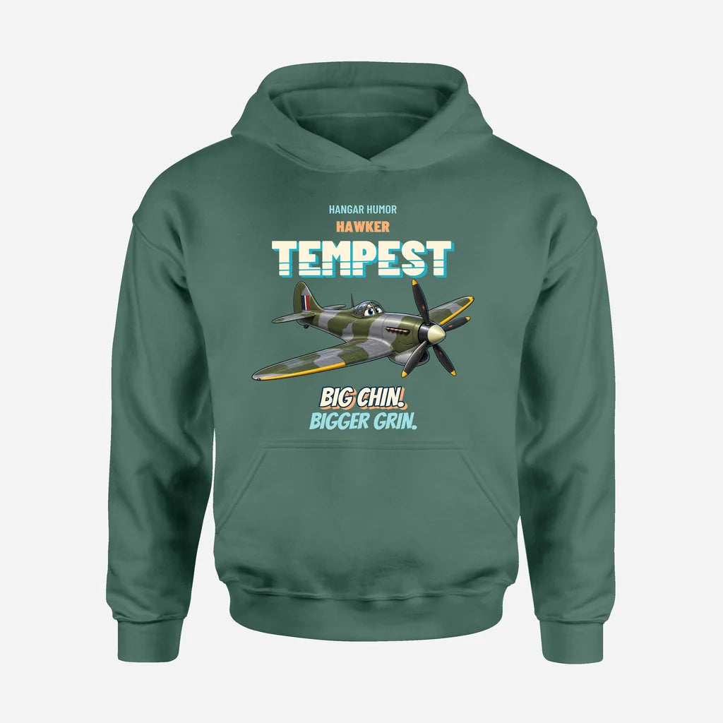 Hawker Tempest Mk V - Big chin. Bigger grin. design on green hoodie single side