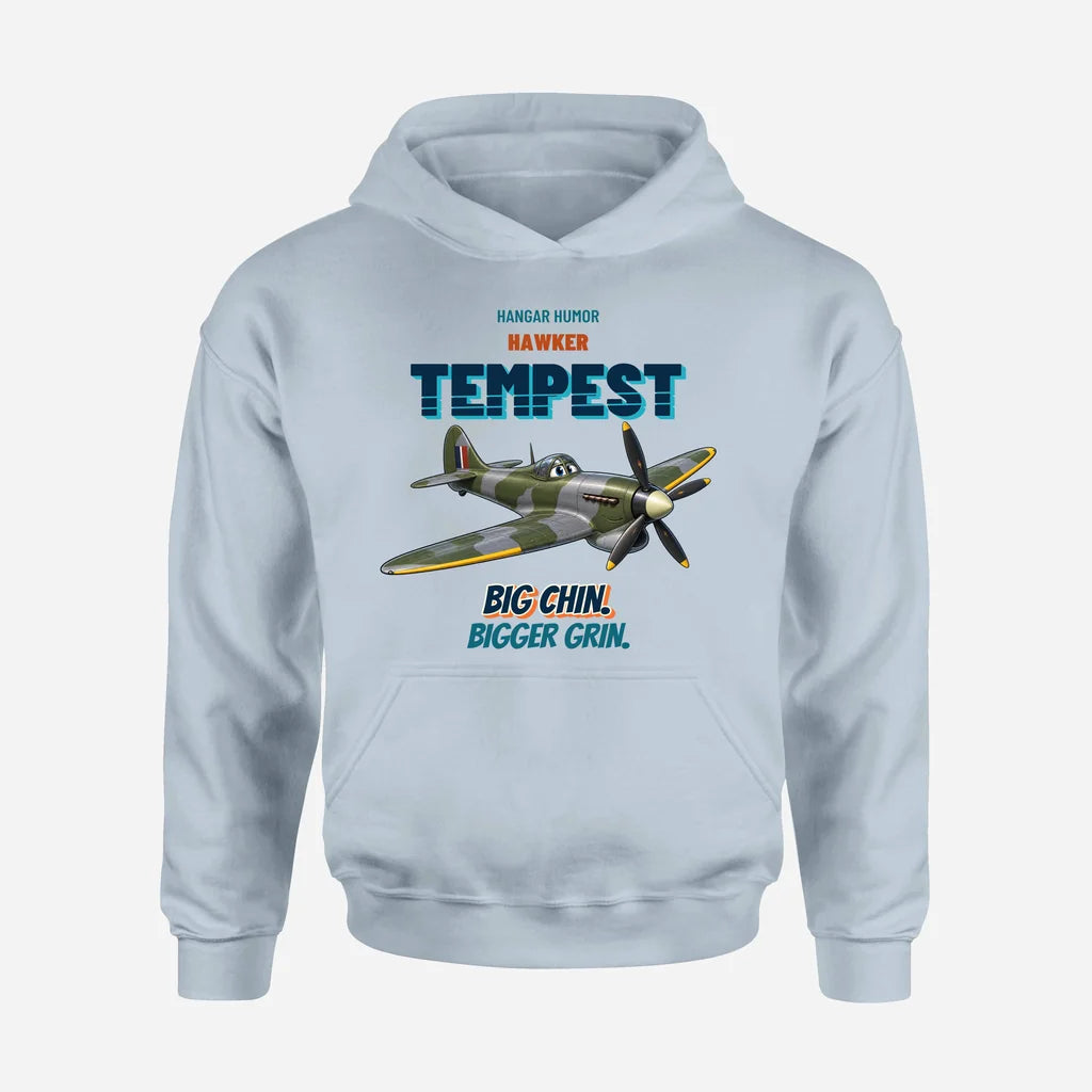 Hawker Tempest Mk V - Big chin. Bigger grin. design on light blue hoodie single side