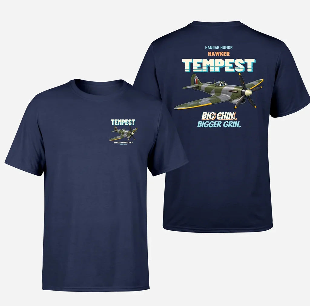 Hawker Tempest Mk V - Big chin. Bigger grin. - Double-Side T-Shirt design on navyblue double side t shirt