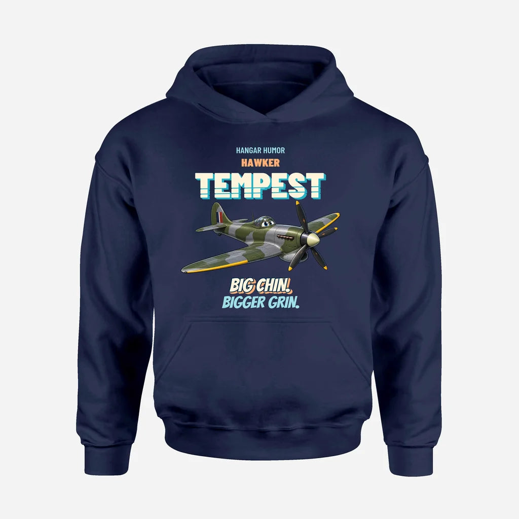 Hawker Tempest Mk V - Big chin. Bigger grin. design on navy blue hoodie single side