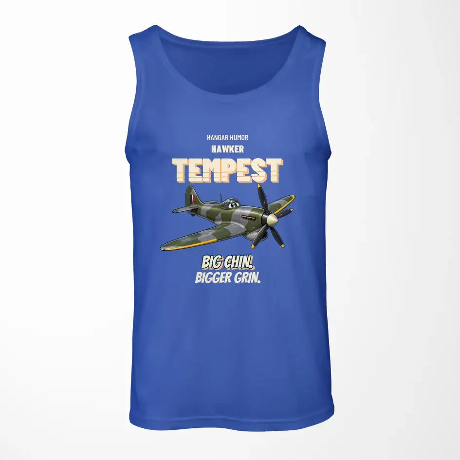 Hawker Tempest Mk V - Big chin. Bigger grin. design on blue tank top