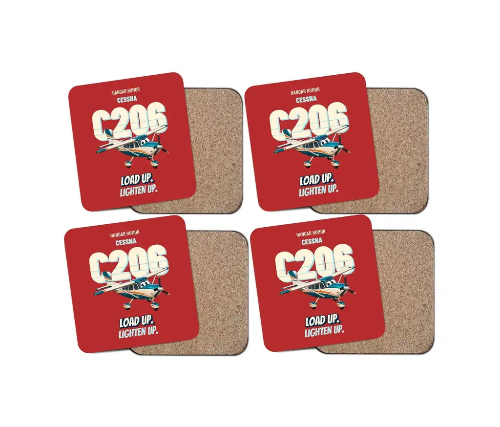 Cessna 206 Stationair - Load up. Lighten up. design on red 4 pieces set coaster