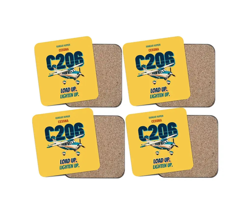 Cessna 206 Stationair - Load up. Lighten up. design on yellow 4 pieces set coaster