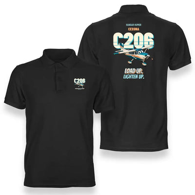 Cessna 206 Stationair - Load up. Lighten up. design on black polo t-shirt