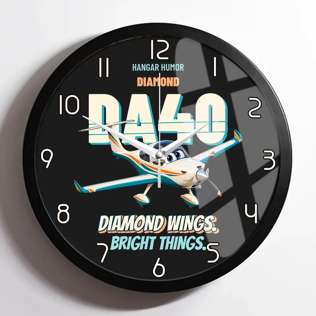 Diamond DA40 - Diamond wings. Bright things. design on black framed wall clock