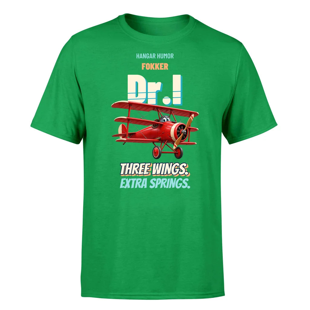 Fokker Dr.I - Three wings. Extra springs. - Premium T-Shirt design on green premium t shirt