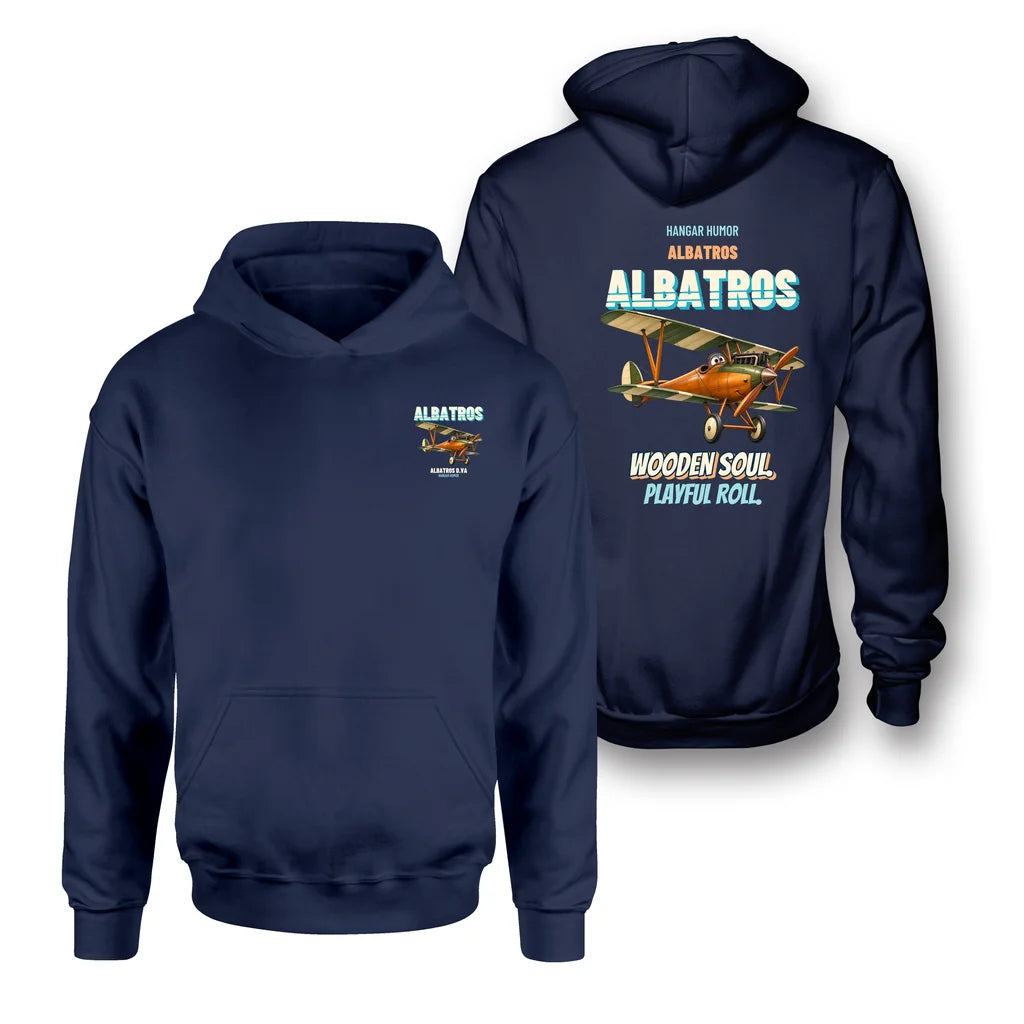 Albatros D.Va - Wooden soul. Playful roll. - Double-Side Hoodie design on navy blue double side hoodie